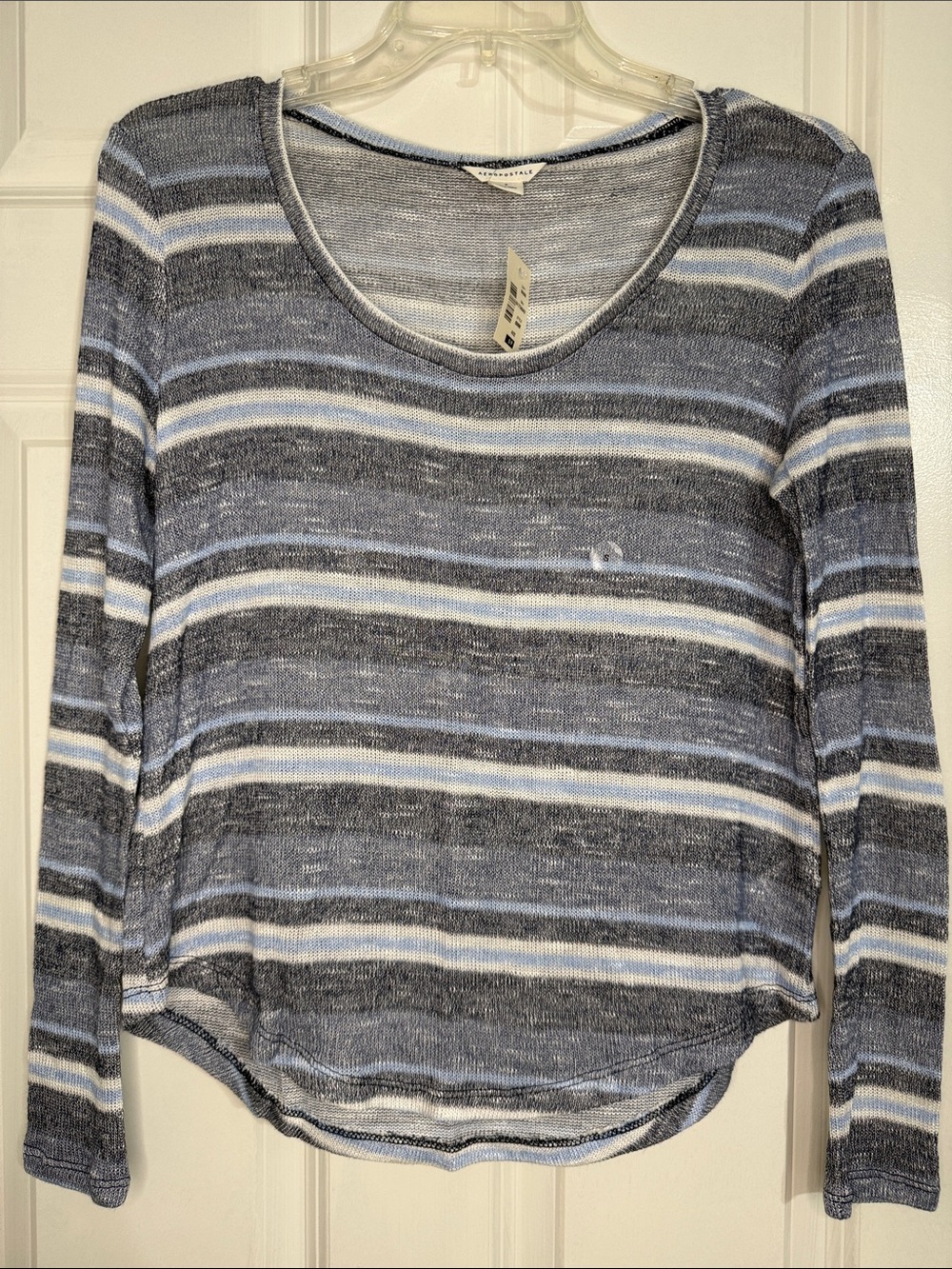 Aeropostale Blue, White and Gray Striped Long Sleeve Scoop Neck Top